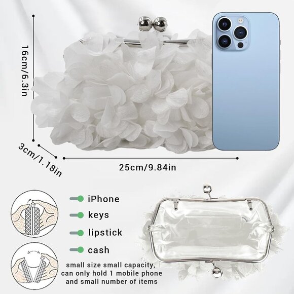 Women's White Floral Elegant Detachable Chain Party Wedding Prom Clutch Bag - Picture 3 of 8